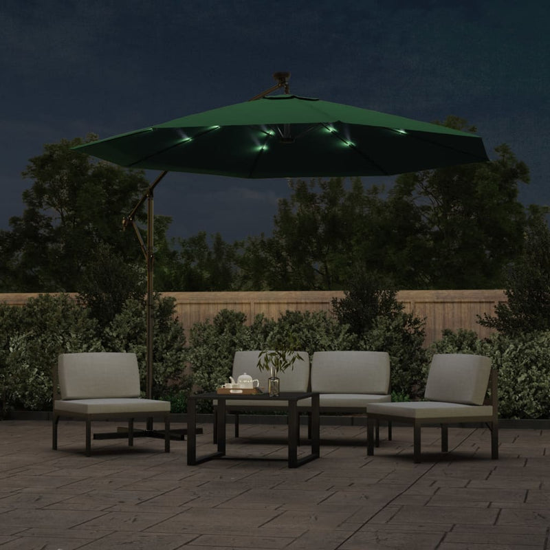 Zweefparasol met LED-verlichting en metalen paal 300 cm groen