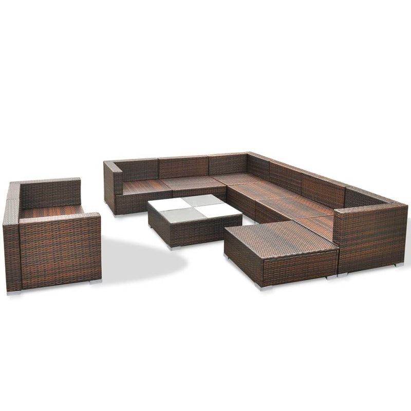 10-delige Loungeset met kussens poly rattan bruin