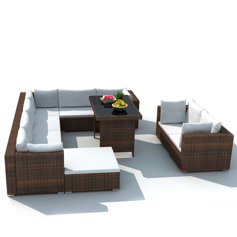 10-delige Loungeset met kussens poly rattan bruin