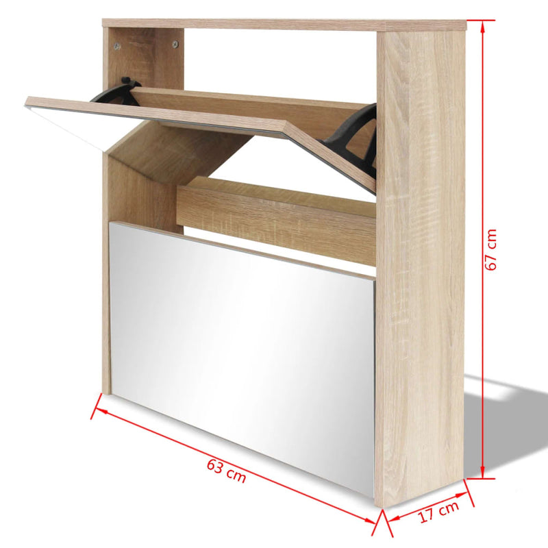 Schoenenkast tweelaags met spiegel 63x17x67 cm eiken