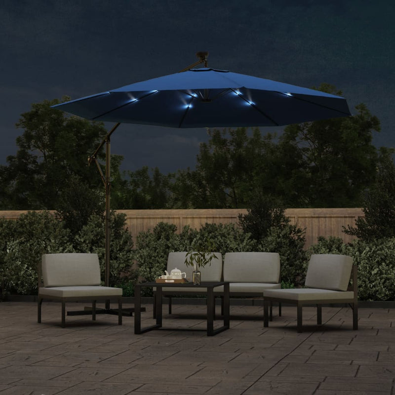 Zweefparasol met LED en stalen paal 300 cm azuurblauw