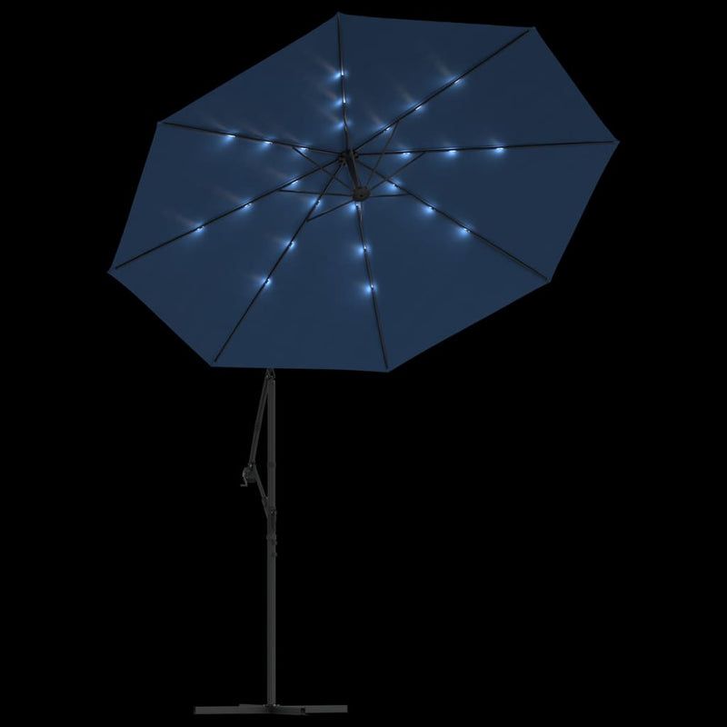 Zweefparasol met LED en stalen paal 300 cm azuurblauw