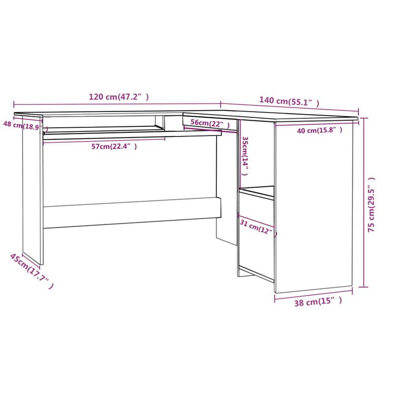 Hoekbureau L-vormig 120x140x75 cm bewerkt hout zwart