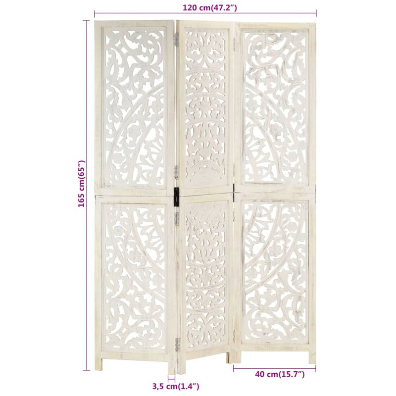 Kamerscherm met 3 panelen handgesneden 120x165 cm mangohout wit