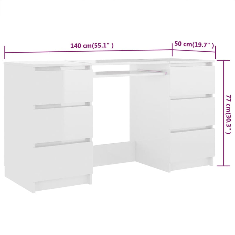 Schrijftafel 140x50x77 cm bewerkt hout hoogglans wit