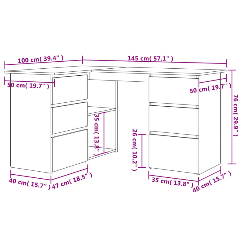 Hoekbureau 145x100x76 cm bewerkt hout hoogglans wit