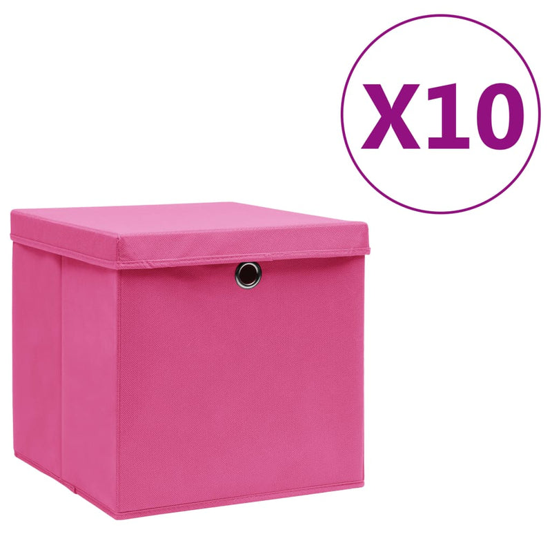 Opbergboxen met deksel 10 st 28x28x28 cm roze