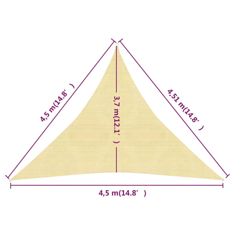 Zonnezeil 160 g/m² 4,5x4,5x4,5 m HDPE beige