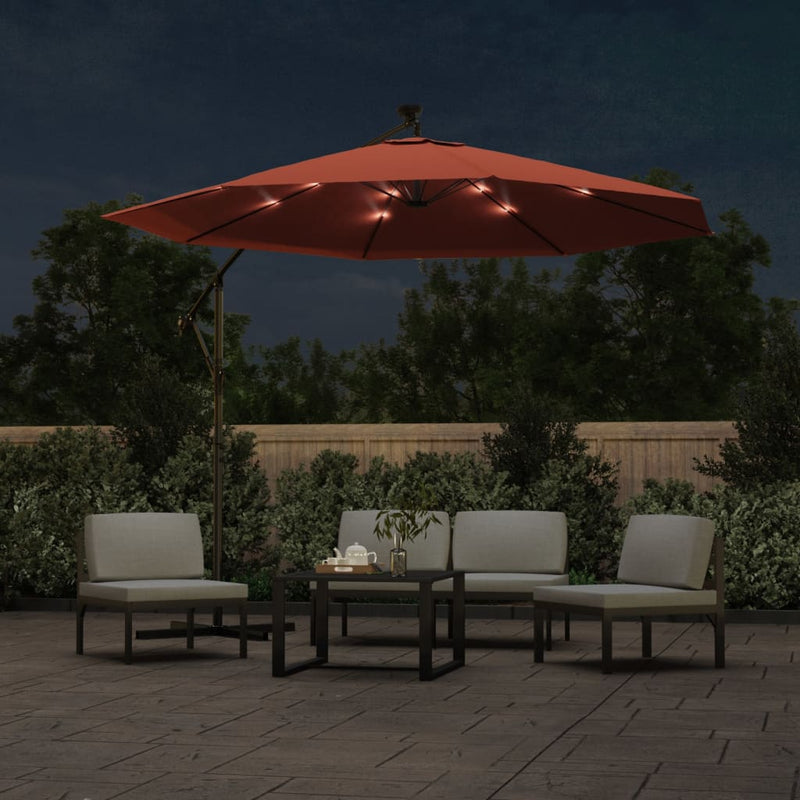 Zweefparasol met LED-verlichting en stalen paal terracottakleur