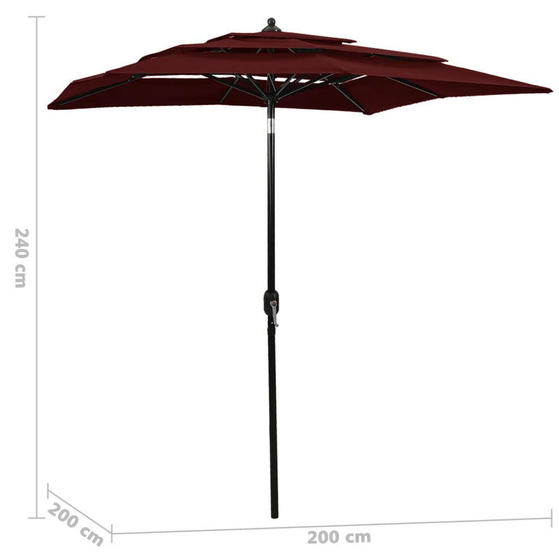 Parasol 3-laags met aluminium paal 2x2 m bordeauxrood