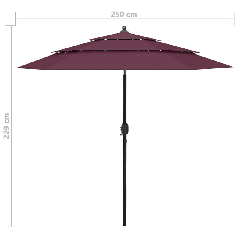 Parasol 3-laags met aluminium paal 2,5 m bordeauxrood