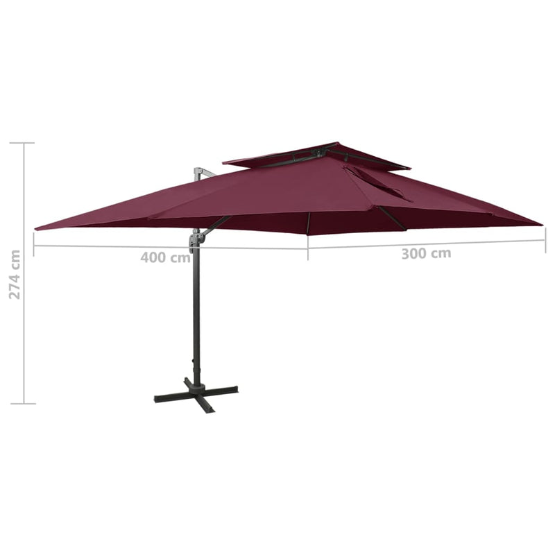 Zweefparasol met dubbel dak 400x300 cm bordeauxrood