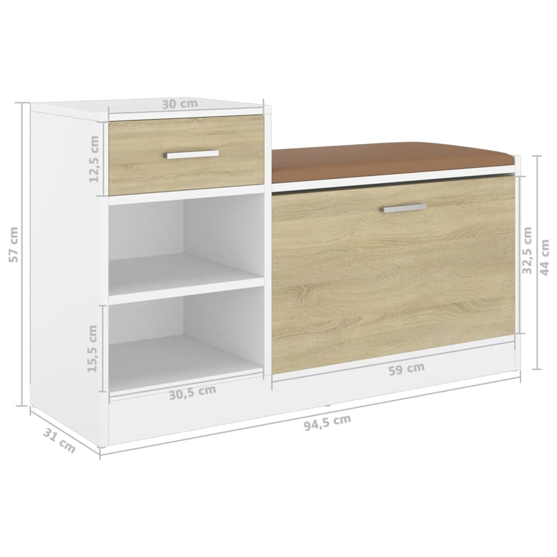 Schoenenbank 94,5x31x57 cm bewerkt hout wit sonoma eikenkleurig