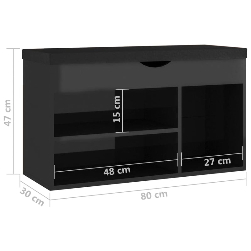 Schoenenbank met kussen 80x30x47 cm hout hoogglans zwart