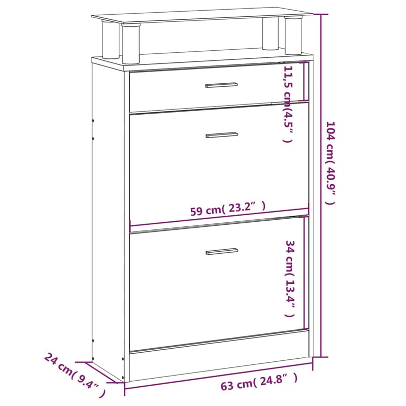 Schoenenkast 63x24x104 cm bewerkt hout bruin eikenkleur