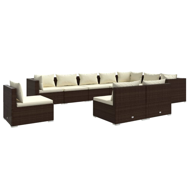 10-delige Loungeset met kussens poly rattan bruin