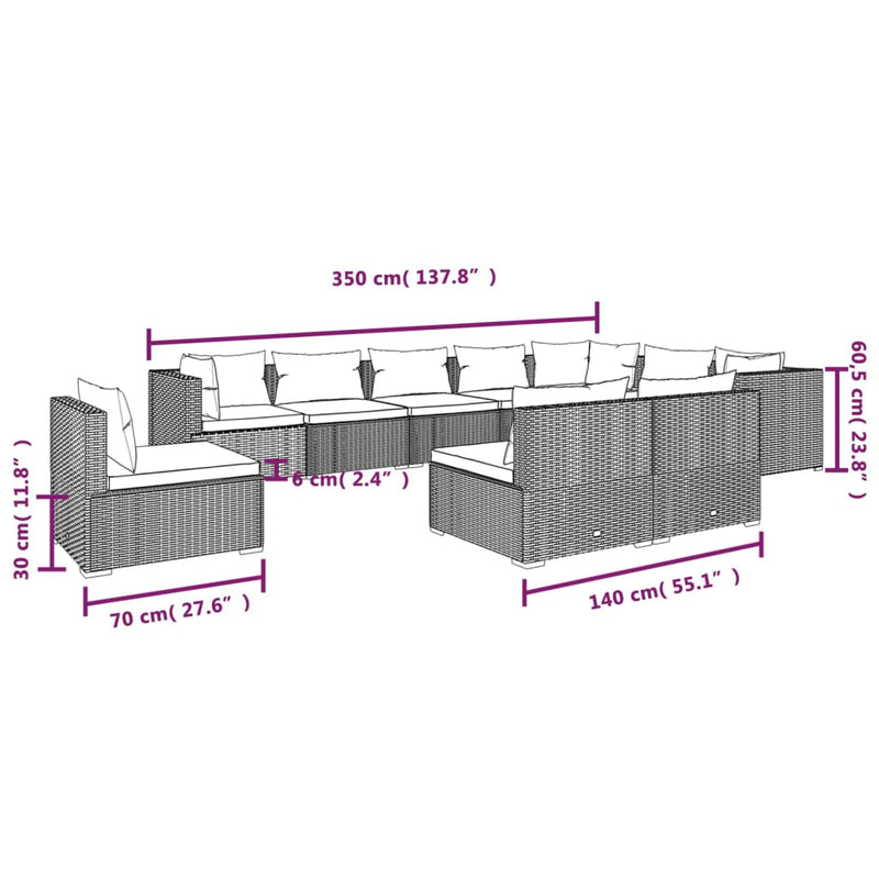 10-delige Loungeset met kussens poly rattan bruin