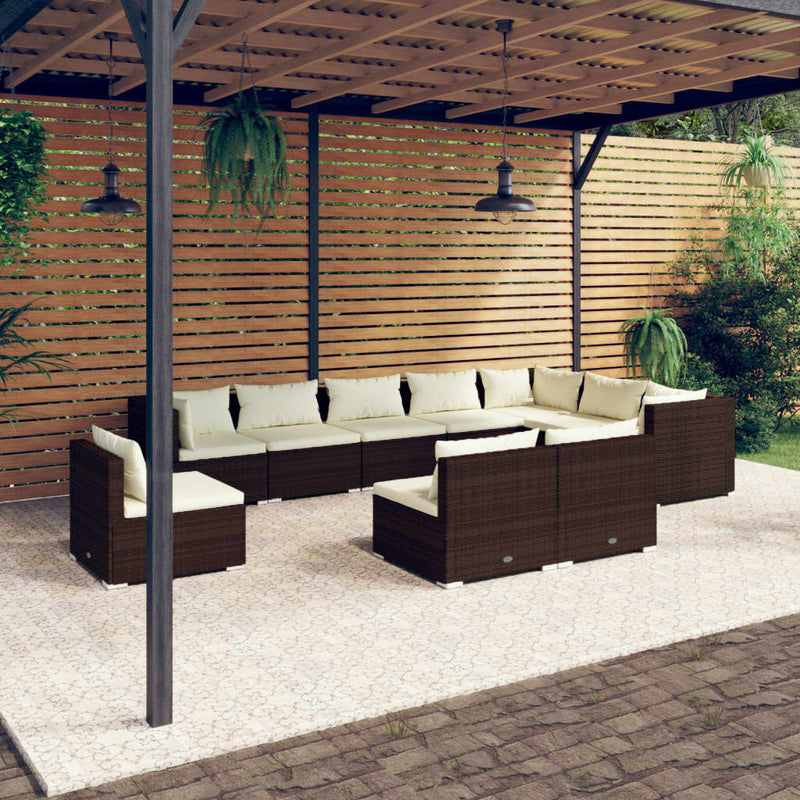 10-delige Loungeset met kussens poly rattan bruin