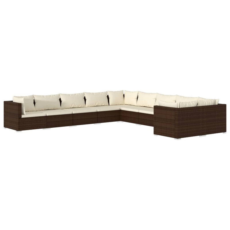 10-delige Loungeset met kussens poly rattan bruin