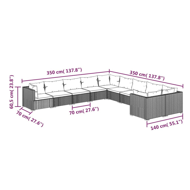 10-delige Loungeset met kussens poly rattan bruin