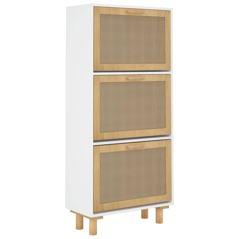 Schoenenkast 52x25x115 cm bewerkt hout en natuurlijk rattan wit