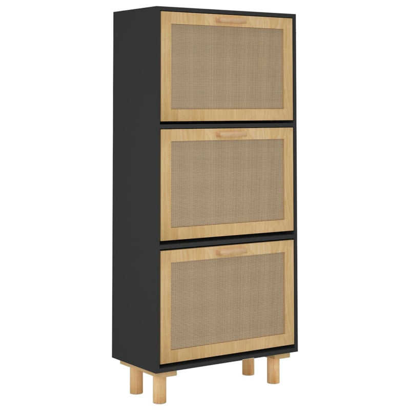 Schoenenkast 52x25x115 cm bewerkt hout en rattan zwart