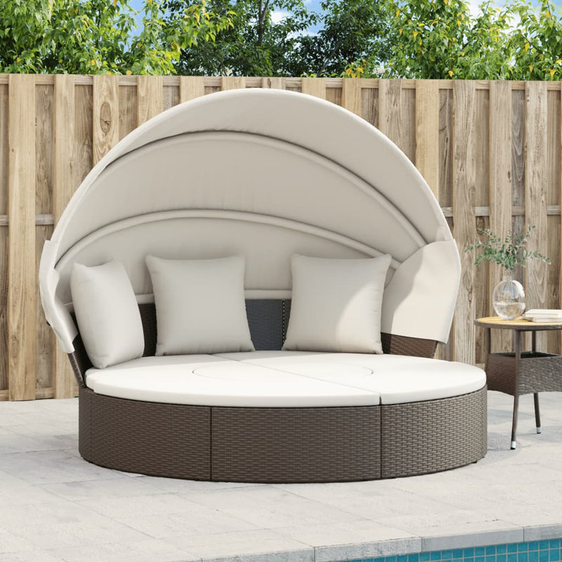 Loungebed met luifel en kussens poly rattan bruin