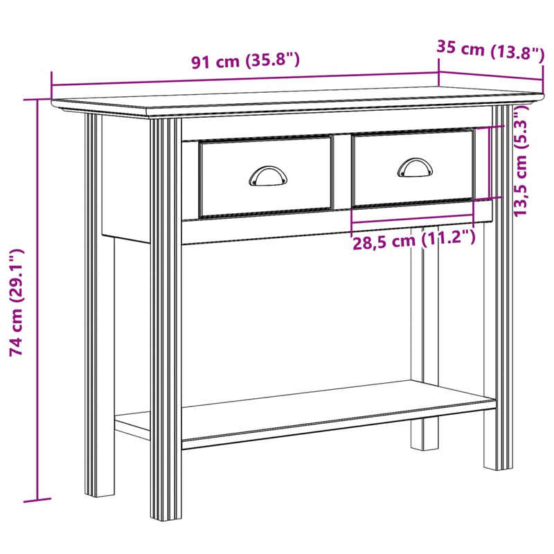 Wandtafel BODO 91x35x74 cm massief grenenhout wit