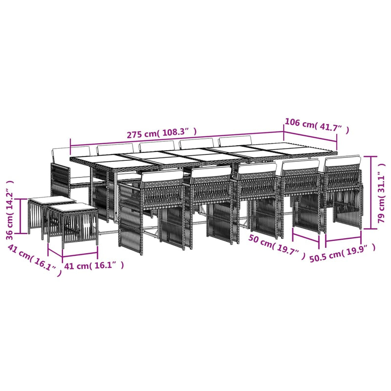 15-delige Tuinset met kussens poly rattan gemengd beige