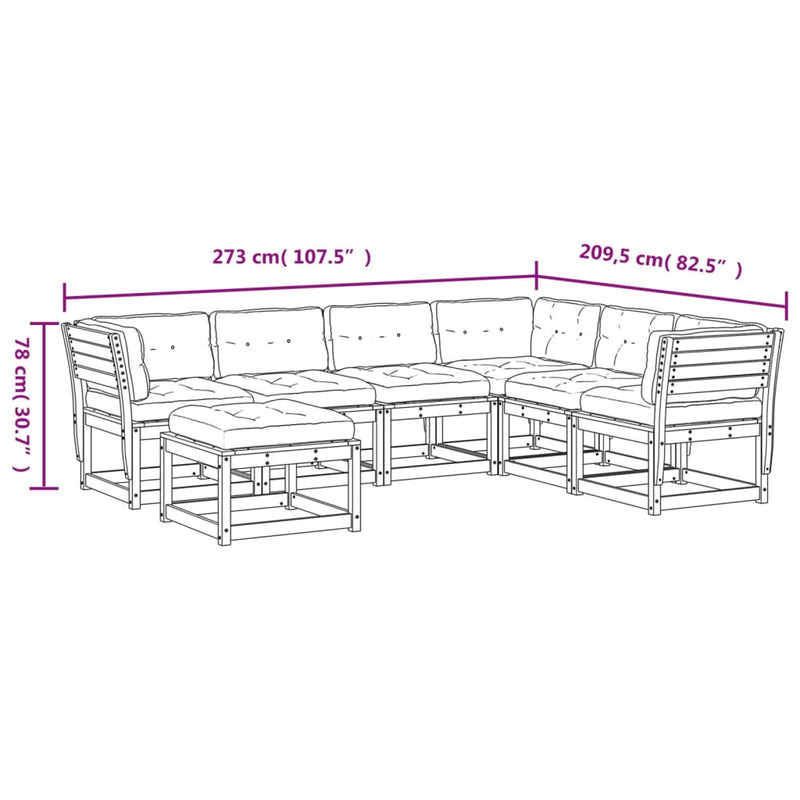 7-delige Loungeset met kussens massief grenenhout wasbruin