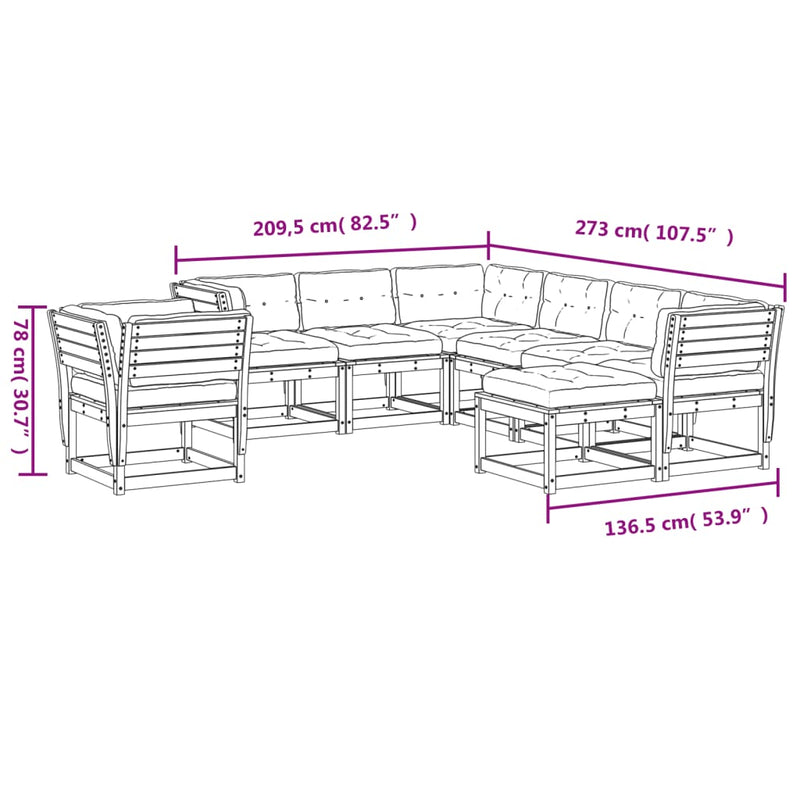 8-delige Loungeset met kussens massief grenenhout wasbruin