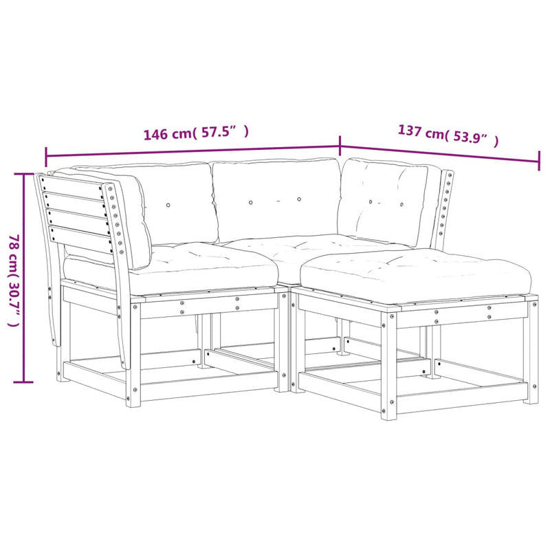 3-delige Loungeset met kussens massief grenenhout wasbruin