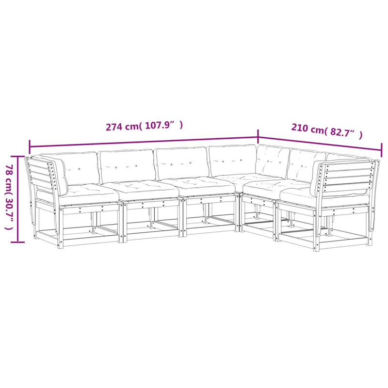 6-delige Loungeset met kussens massief grenenhout wasbruin