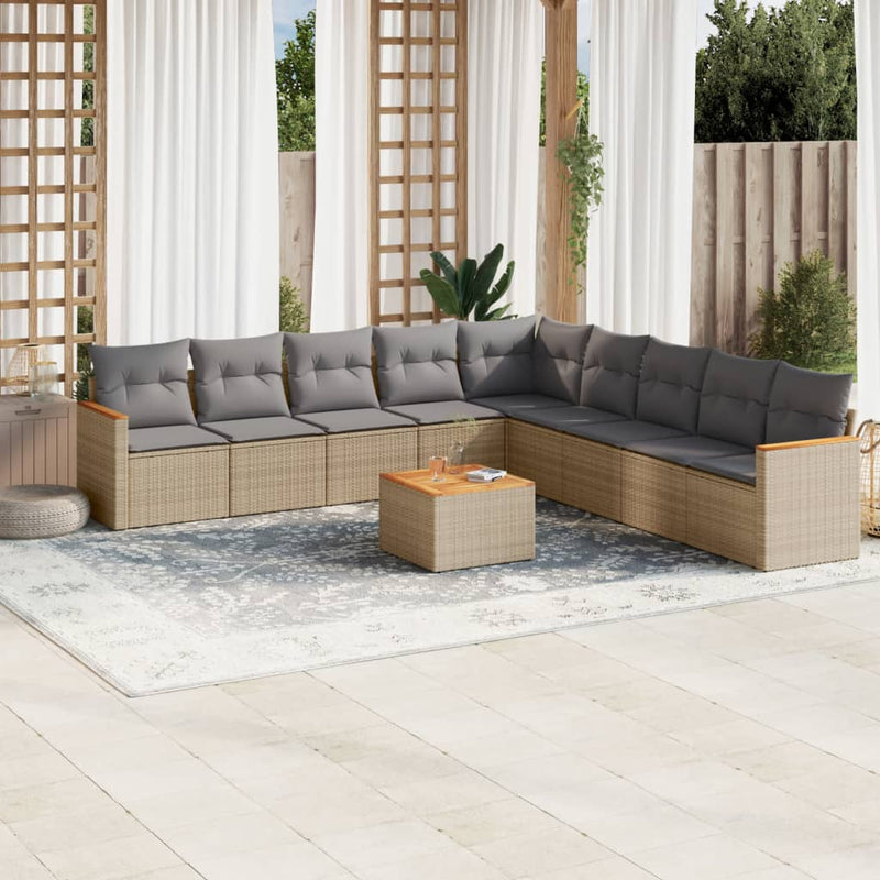 10-delige Loungeset met kussens poly rattan gemengd beige