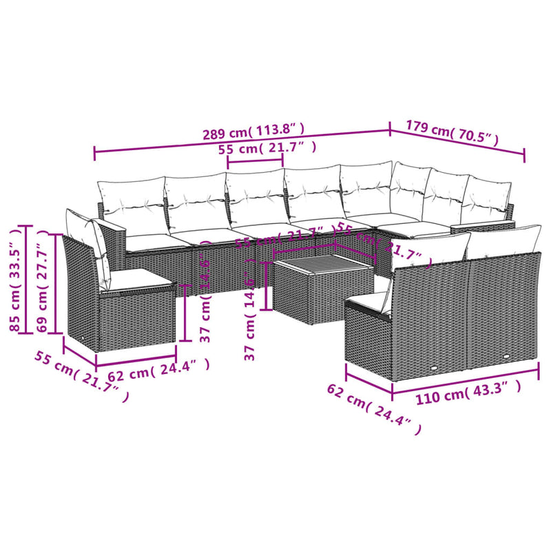 11-delige Loungeset met kussens poly rattan zwart