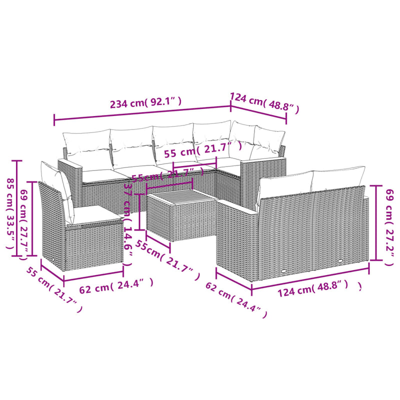 9-delige Loungeset met kussens poly rattan grijs