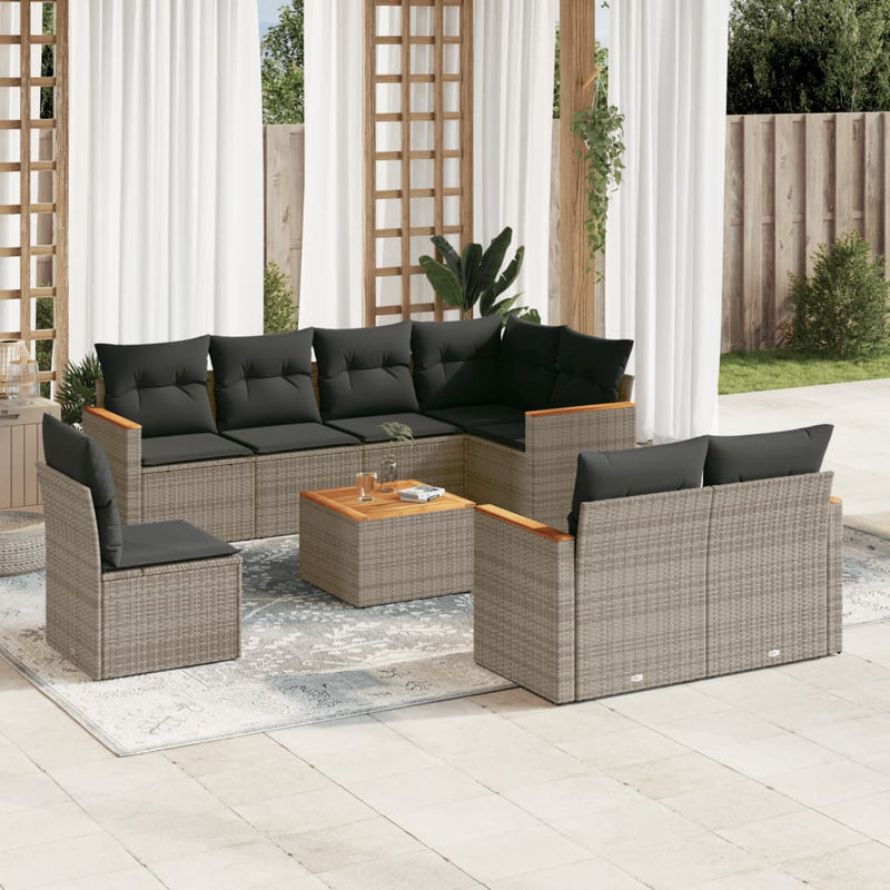 9-delige Loungeset met kussens poly rattan grijs