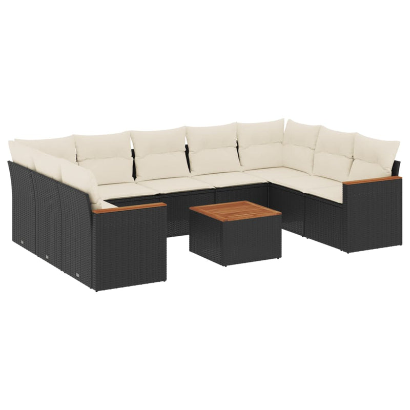 10-delige Loungeset met kussens poly rattan zwart