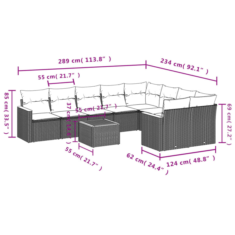 10-delige Loungeset met kussens poly rattan gemengd beige