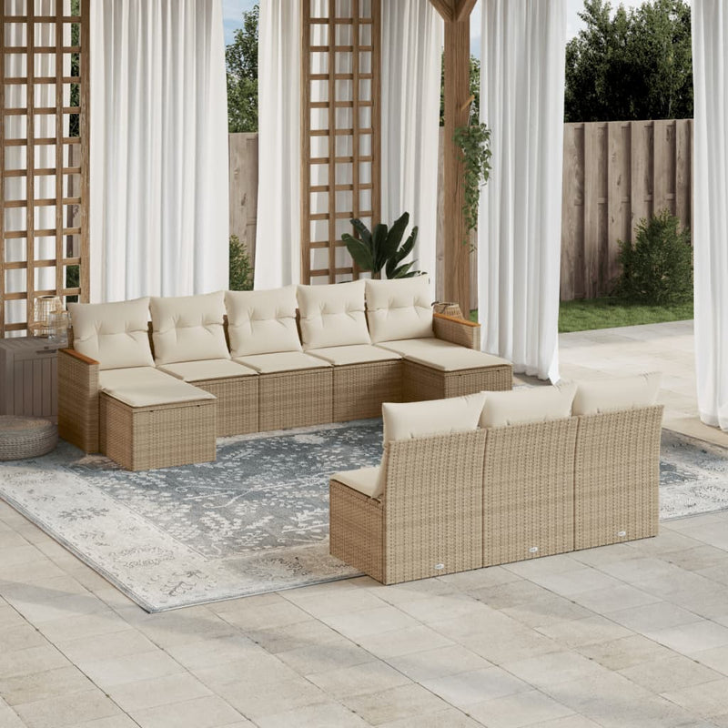 10-delige Loungeset met kussens poly rattan beige