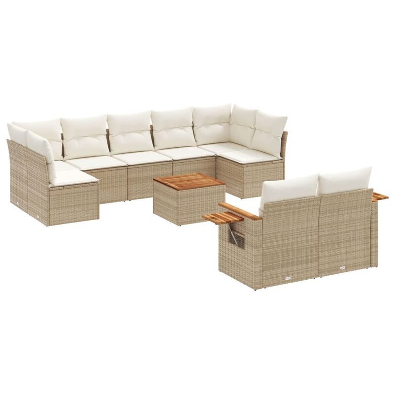 10-delige Loungeset met kussens poly rattan beige