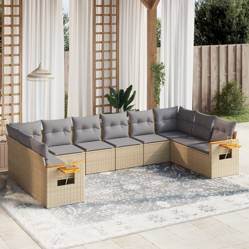 10-delige Loungeset met kussens poly rattan beige