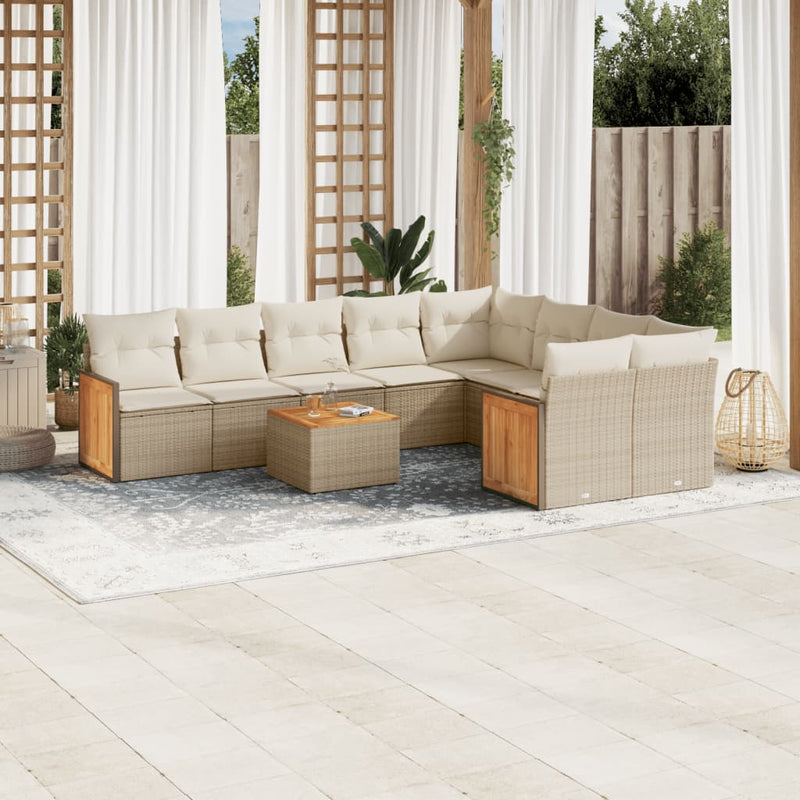 10-delige Loungeset met kussens poly rattan beige