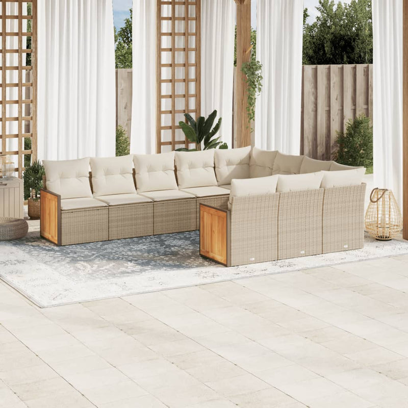 10-delige Loungeset met kussens poly rattan beige