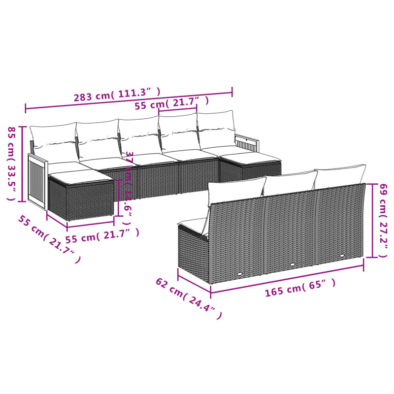 10-delige Loungeset met kussens poly rattan beige