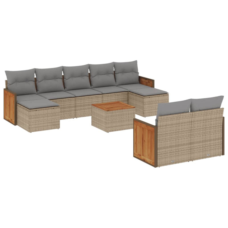 10-delige Loungeset met kussens poly rattan beige