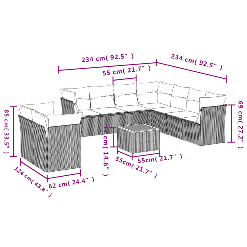 10-delige Loungeset met kussens poly rattan beige