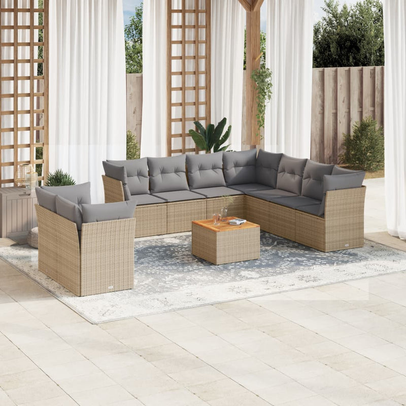 10-delige Loungeset met kussens poly rattan beige