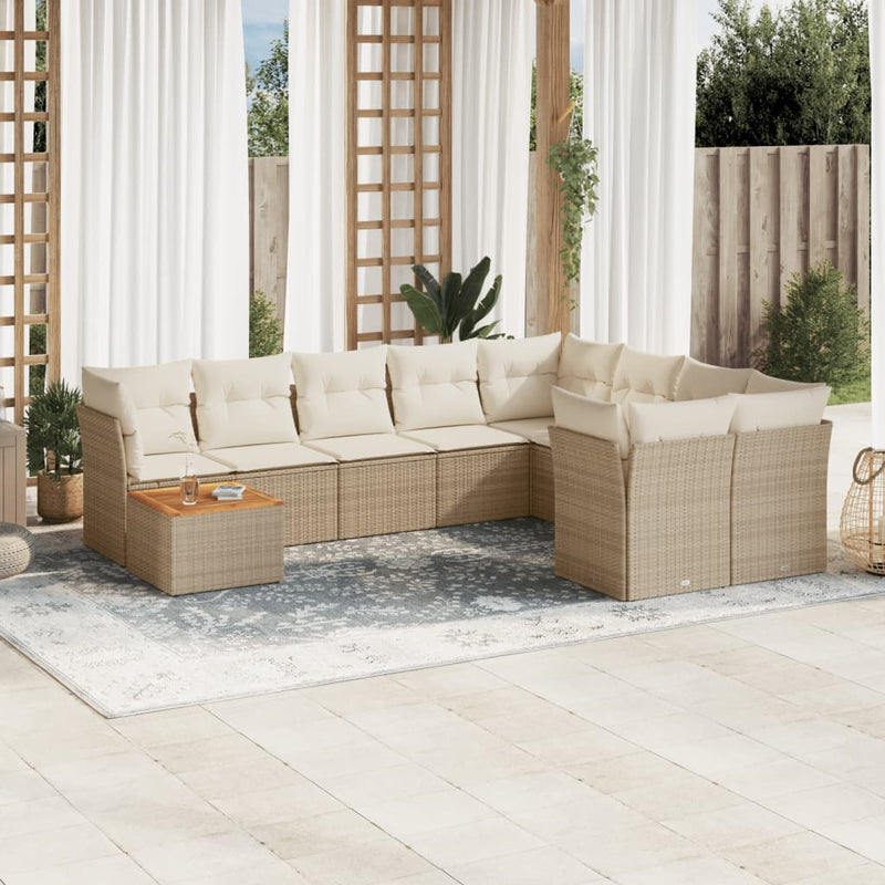 10-delige Loungeset met kussens poly rattan beige