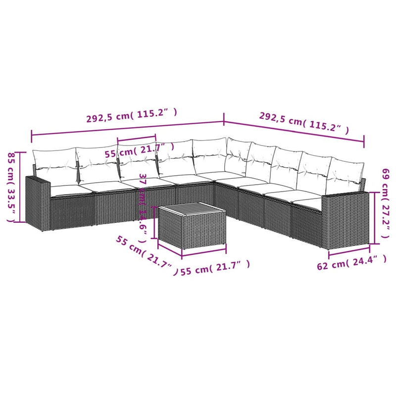 10-delige Loungeset met kussens poly rattan beige